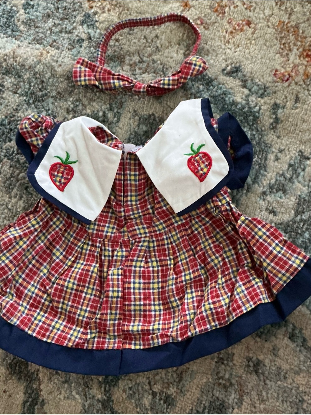 Build-A-Bear Red Plaid Dress with Apple Embroidery and Navy Trim